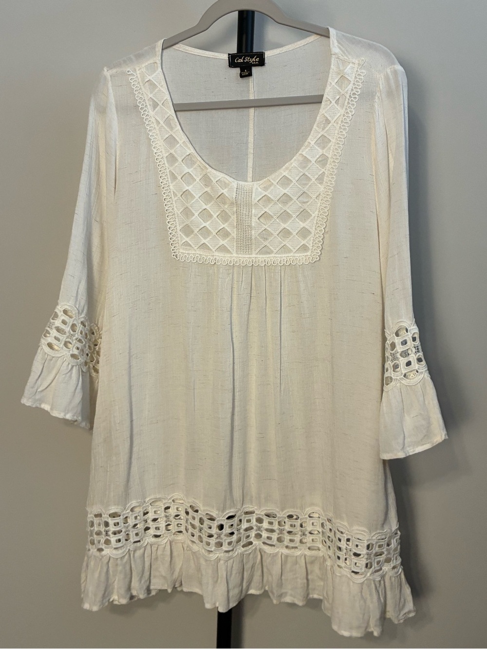 Cal Style White Crochet-Trim Tunic Top